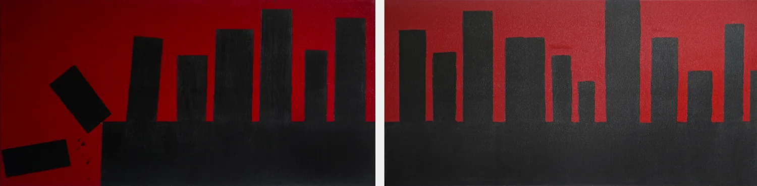 Two landscape paintings with black vertical forms against red fields